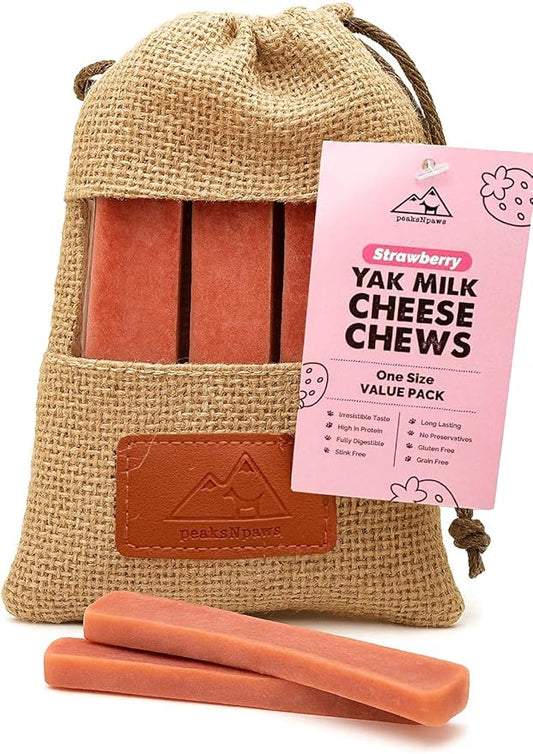 Yak Cheese Himalayan Dog Chews with Strawberry, High Protein, Natural Dog Treats, Dog Chew Sticks for Aggressive Chewers, Long Lasting Treat for Small, Medium & Large Dogs, 3 Chews