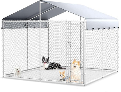 10'x10'x6.56' Large Outdoor Dog Kennel with Roof, Heavy Duty Outside Dog Run Enclosure Dog Pen House Pet Playpen with Galvanized Chain Link, Lockable Door, Waterproof Cover, for Small and Large Dogs