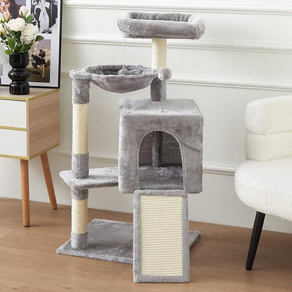 37-inch Cat Tree Tower with Multi-Level Cat Condo, Scratching Posts,2-Door Cat Cave,Light Grey