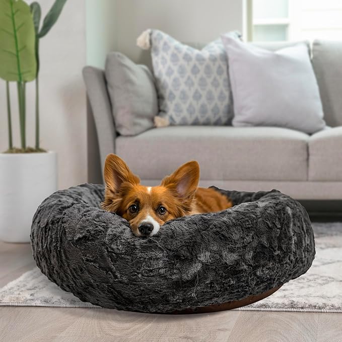 Best Friends by Sheri Original Calming Donut Dog and Cat Bed, Lux Faux Fur, Mink Dark Gray, (30in x 30in) - Anxiety Relief for Pets Up to 45 lbs