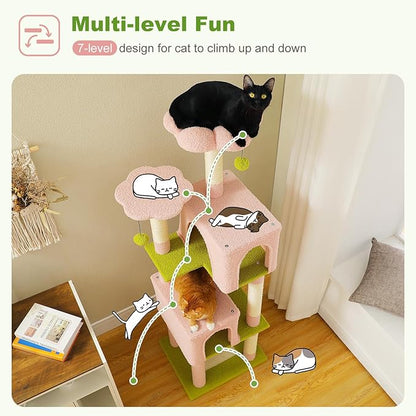 62" Flower Cat Tree for Indoor Cats, Multi-Level Cat Tower with 2 Spacious Condos, Dual Top Perches, Scratching Pad, 4 Scratching Posts, 2 Pompoms, Pink