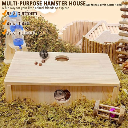 Multi Chamber Hamster House,Wooden Guinea Pig Maze Hideout Hut Interesting Multi-Room Tunnel Exploring Toys Hamsters Accessories for Guinea Pigs Dwarf Mice Gerbil Small Rodents