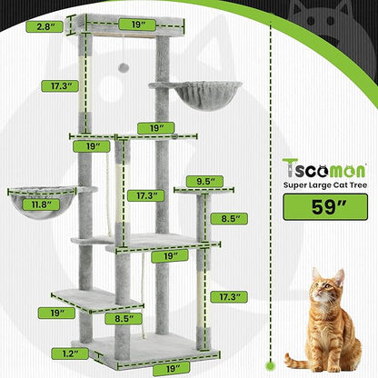 59 Inch Cat Tree Tower, Multi-Level Large Cat Tree for Indoor with Super Large Bed, Hammocks, Scratching Posts, Dangling Ball, Cat Furniture, Activity Center