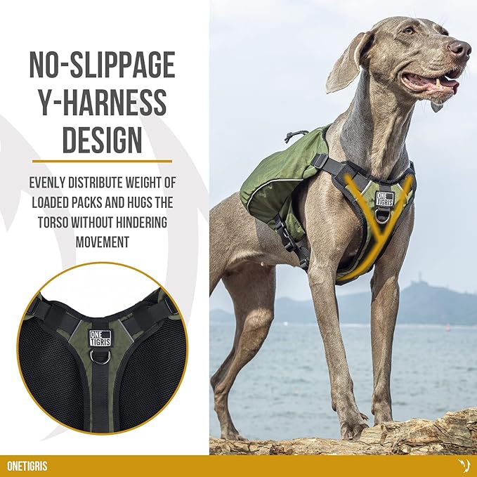 OneTigris Y-Shaped Dog Backpack with Handle, Pockets & No Pull D-Rings, Lightweight Hiking Gear for Dogs Hunting Camping Travel (Medium, Green)