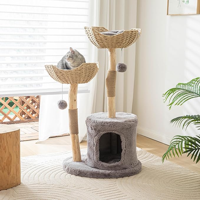 Modern Cat Tree for Indoor Cats Large Adult, 46" Tall Wooden Cat Tower for Large Cats with Scratching Post, Luxury Cat Condo, Grey