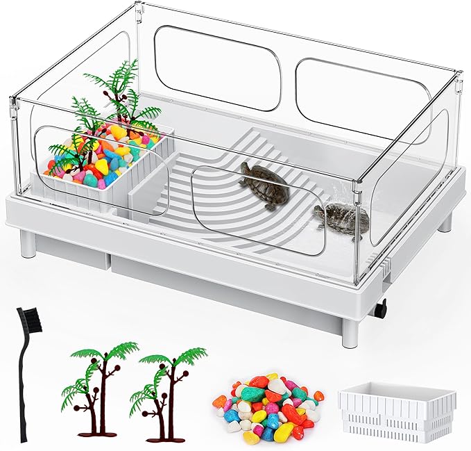 Geegoods Turtle Tank with Basking Platform, Multi-Functional Aquarium for Turtles, Crayfish, Crab and Lizard