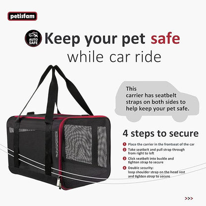 petisfam Top Loading Soft Pet Carrier Bag for Easy Vet Visits with Medium or Large Cats (Large, Black w/Red Trim)