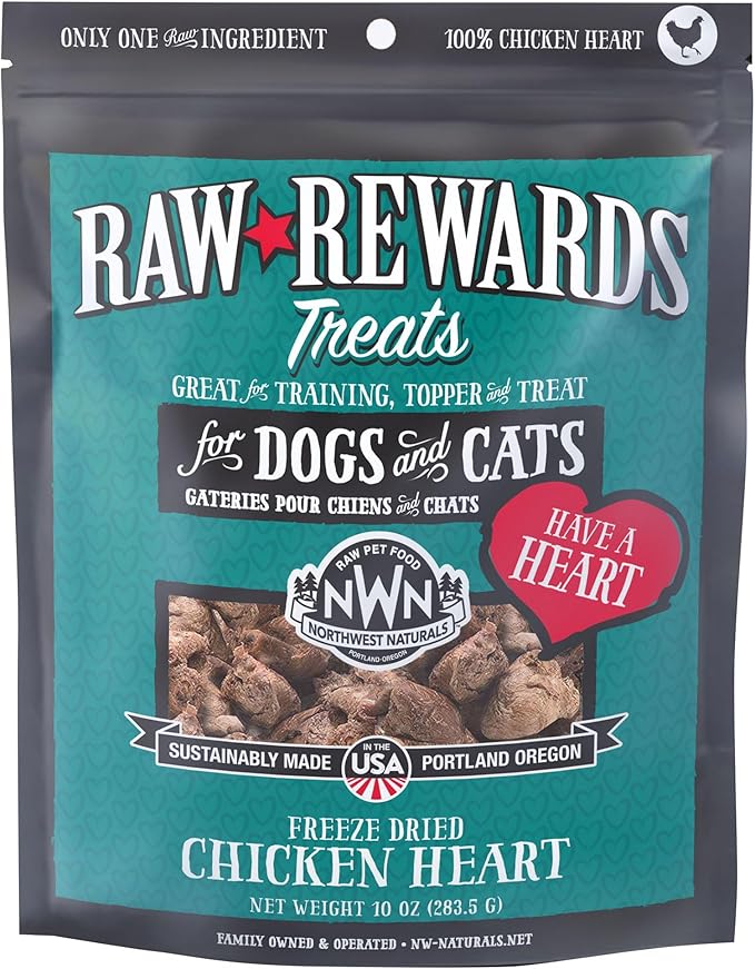 Northwest Naturals Raw Rewards Freeze-Dried Chicken Heart Treats for Dogs and Cats - Bite-Sized Pieces - Healthy, 1 Ingredient, Human Grade Pet Food, All Natural, Proudly Made in USA, 10 Oz