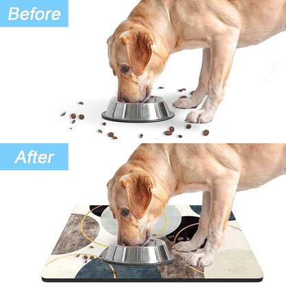Rnivvi Dog Food Mat, 12" x 19" Boho Absorbent Dog Cat Bowl Mat for Food and Water, Cute Anti-Slip Rubber Pet Feeding Rug Protect Floors, Puppy Placemat for Feeding & Watering Supplies, Abstract Circle