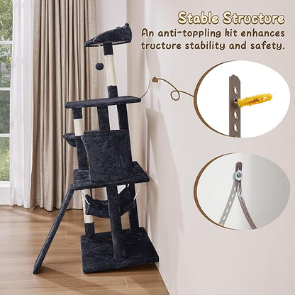 Yaheetech 63.5in Multi-Level Cat Tree Tower Condo with Scratching Posts, Platform & Hammock, Cat Activity Center Play Furniture for Kittens, Cats & Pets