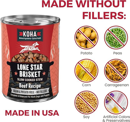 KOHA Lone Star Brisket Stew for Dogs with Beef, High Protein Wet Dog Food, 12.7oz Cans (Case of 12)