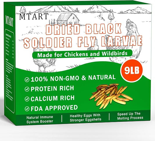 9LB Dried Black Soldier Fly Larvae Treat for Chicken, 100% Natural Non-GMO More Calcium Than Dried Mealworms High Protein Chicken Feed for Birds, Ducks, Layer Hens