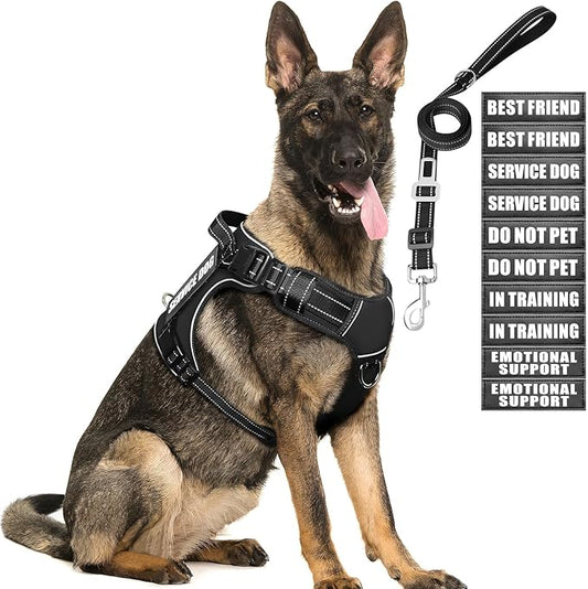 Tactical Dog Harness and Leash Set for Large Dogs,Heavy Duty No Pull Service Dog Vest and 10 Patches with Dog Seat Belt,Reflective Adjustable Pet Harness for Training Walking Hiking Black L