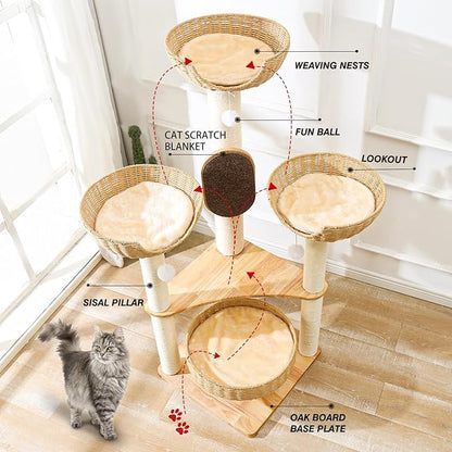 Large Cat Tree Wood - Modern Multi-Cat Tower with Scratching Posts & Handwoven Condo | Sturdy Cat Furniture for Indoor Cats, Modern Cat House Supplies