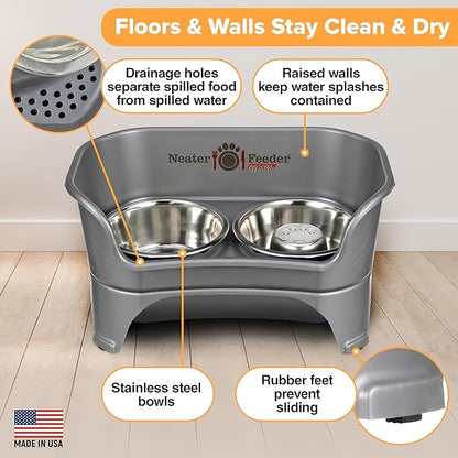 Neater Feeder - Express Model w/ Slow Feed Bowl - Mess-Proof Dog Bowls (M/L, Grey) Made in USA – Elevated, No Spill, Non-Tip, Non-Slip, Raised Stainless Steel Food/Water Pet Bowls Aid Digestion