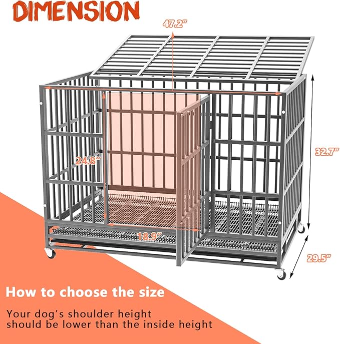 LEMBERI 48/38 inch Heavy Duty Indestructible Dog Crate, Escape Proof Dog Cage Kennel with Lockable Wheels,High Anxiety Double Door Dog Crate,Extra Large Crate Indoor for Large Dog with Removable Tray