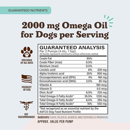 Natural Dog Company Ultra Omega Oil for Dogs a 2000 MG Omega 3, 6, 9 with Salmon, Pollock & Flaxseed Oil, EPA & DHA, Dog Supplement for Skin, Coat, Joints, Allergy & Itch Relief, Dog Fish Oil 16oz