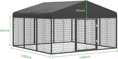 10x10x6 FT Outdoor Dog Kennel Steel Ideal Dog Fence for Medium/Small Dogs Anti-Rust Coating Cage with Roof All Weather Resistant Dog House with Double Locks (118" W x 118" D x 72.5" H)