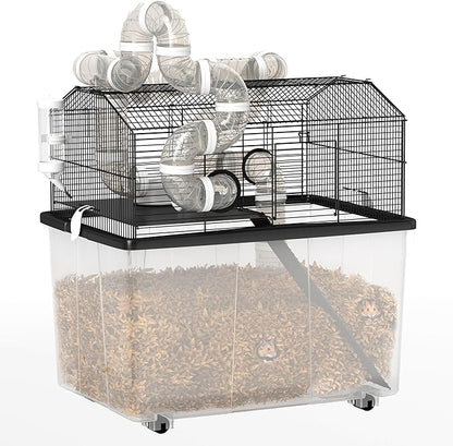 PawHut Large Hamster Cage with 12" Deep Tray, 2 Tier Gerbil Cage with Tube System, Water Bottle, Ramp, Feeding Bowl, 23" x 17" x 22", Black