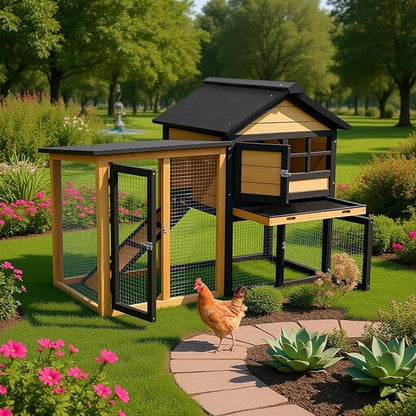 Chicken Coop, Chicken Run,Small Wooden Duck Coop Outdoor 2-Tier Hen House All Weather Used Poultry Quail Cage Rabbit Pet Hutch House with Ramp for Small Animals (Yellow Black)