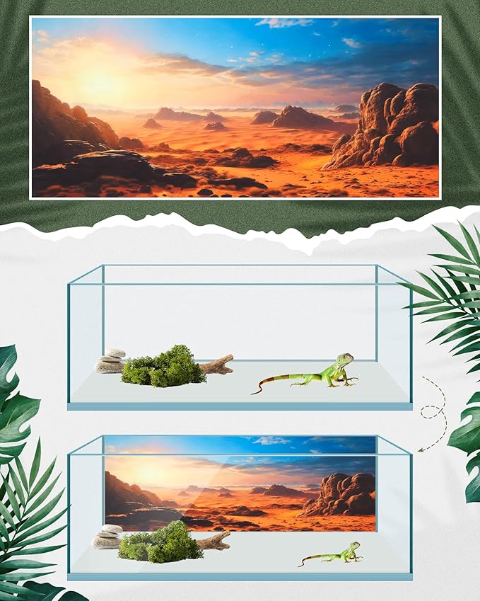 Breling 4 Pcs 71 x 18 Inch Reptile Habitat Background with Nano Glue Gobi Sun Cactus Stone and Green Tree Fern Stream Terrarium Background Polyester Durable Aquarium Accessories
