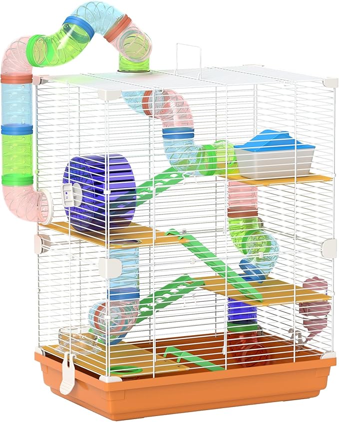 PawHut 18" 5 Tier Hamster Cage with Tubes and Tunnels, Small Animal Cage with Portable Carry Handle, Gerbil Cage with Water Bottle, Food Dish, Exercise Wheel, Orange