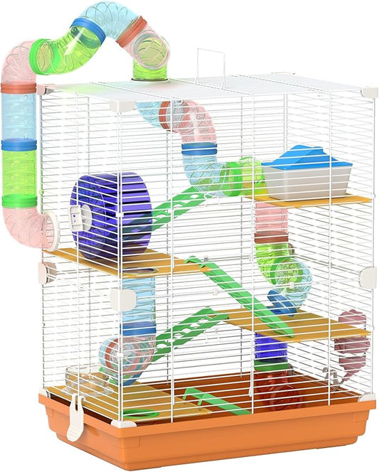 PawHut 18" 5 Tier Hamster Cage with Tubes and Tunnels, Small Animal Cage with Portable Carry Handle, Gerbil Cage with Water Bottle, Food Dish, Exercise Wheel, Orange