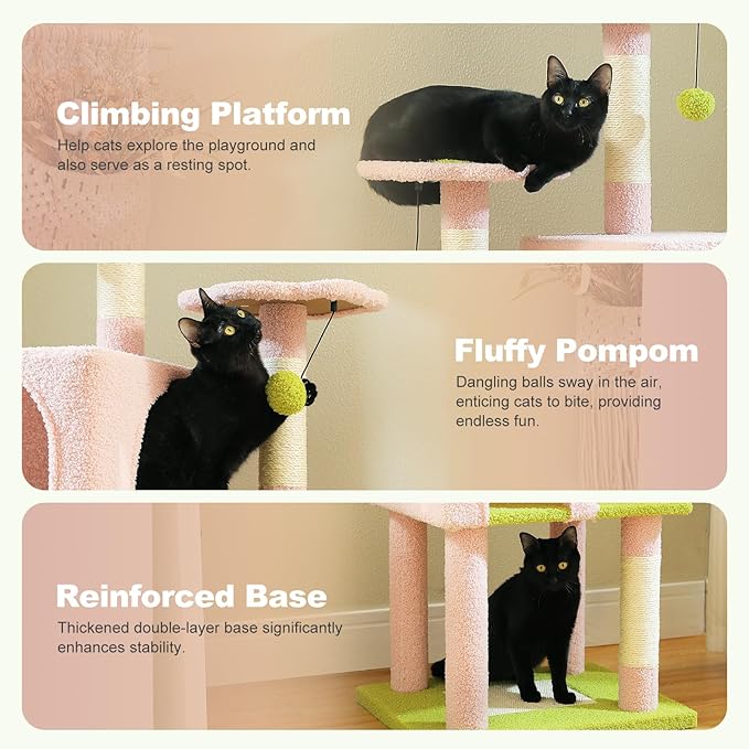62" Flower Cat Tree for Indoor Cats, Multi-Level Cat Tower with 2 Spacious Condos, Dual Top Perches, Scratching Pad, 4 Scratching Posts, 2 Pompoms, Pink