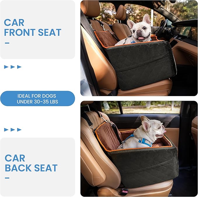 Dog Car Seat for Small Dogs - Puppy Car Seat with Safety Strap & Waterproof Padding, Portable Pet Carrier for Cars, Trucks & SUVs, Comfortable Elevated Bed for Pets Up to 35lbs (Black/Coffee)