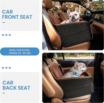 Dog Car Seat for Small Dogs - Puppy Car Seat with Safety Strap & Waterproof Padding, Portable Pet Carrier for Cars, Trucks & SUVs, Comfortable Elevated Bed for Pets Up to 35lbs (Black/Coffee)