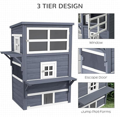PawHut 3-Story Cat House Feral Cat Shelter, Outdoor Kitten Condo with Raised Floor, Asphalt Roof, Escape Doors, Jumping Platforms, Dark Gray