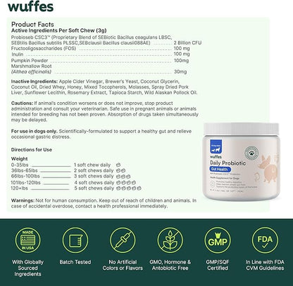 Wuffes Daily Probiotic for Dogs - Supports Digestive Health, Gut Balance, and Immune System - with Prebiotics, Marshmallow Root, and Pumpkin Powder (120 Chews (Pack of 2))