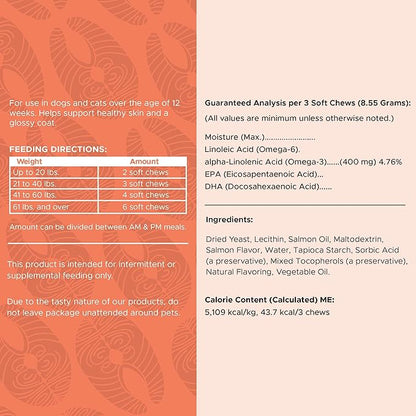 Fish Oil Omega 3 Supplements for Dogs -360 Soft Chew Treats for Skin and Coat -Salmon Oil Blend of Fatty Acids, Omega 3, 6, Vitamins, Antioxidants -Made in USA (2 Packs of 180, Salmon Flavor)