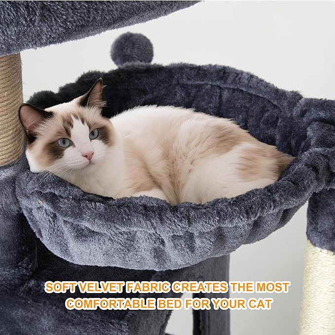 37-inch Cat Tree Tower with Multi-Level Cat Condo, Scratching Posts,2-Door Cat Cave,Grey