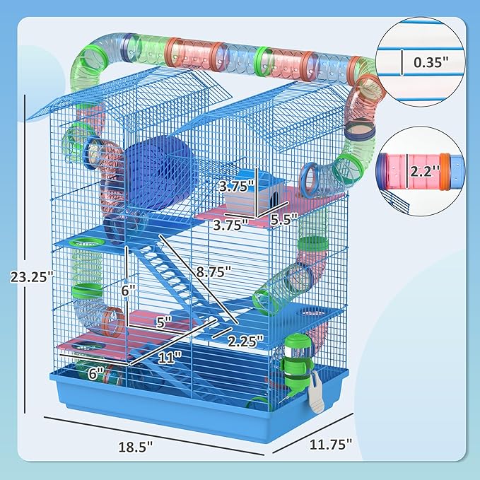 PawHut 18.5" 5 Tier Hamster Cage with Tubes and Tunnels, Small Animal Cage, Rat Gerbil Cage with Water Bottle, Food Dish, Exercise Wheel, Blue