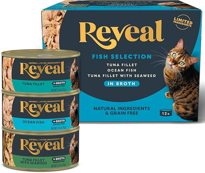 Reveal Natural Wet Canned Cat Food, Limited Ingredient, Grain-Free, High Protein with No Artificial Additives, Fish Variety in Broth (12 x 2.47 oz Cans)