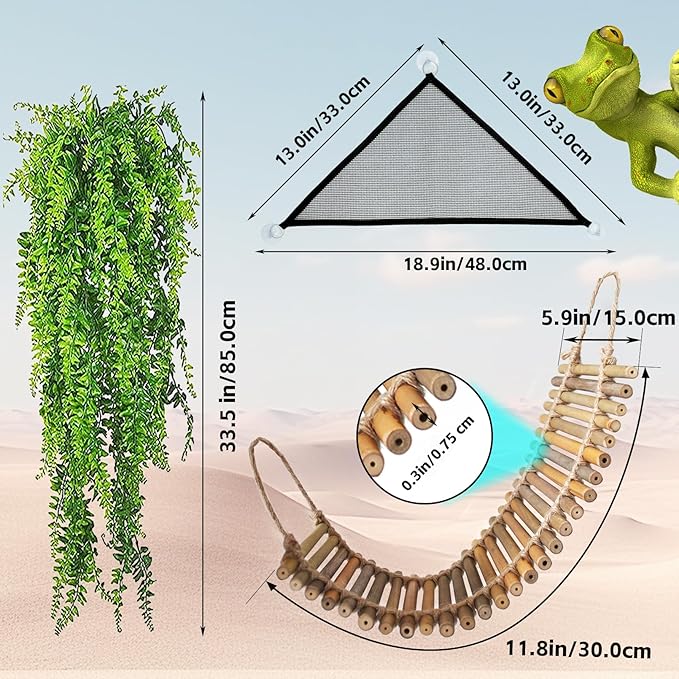 kathson Reptile Bridge for Terrarium,Bearded Dragon Wooden Bridges Gecko Hammock with Hanging Plants Lizard Lounger Bamboo Ladder Reptiles Tank Accessories Climbing for Chameleons Geckos Snakes (3Pcs)