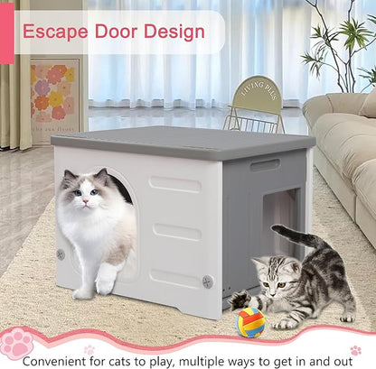 Rockever Plastic Cat House Outdoor with Escape Door, Waterproof Feral Cat House Outdoor Indoor, Sturdy Cat House for Outdoor Cats with Cat Bed Mat, Assemble Easily-Grey