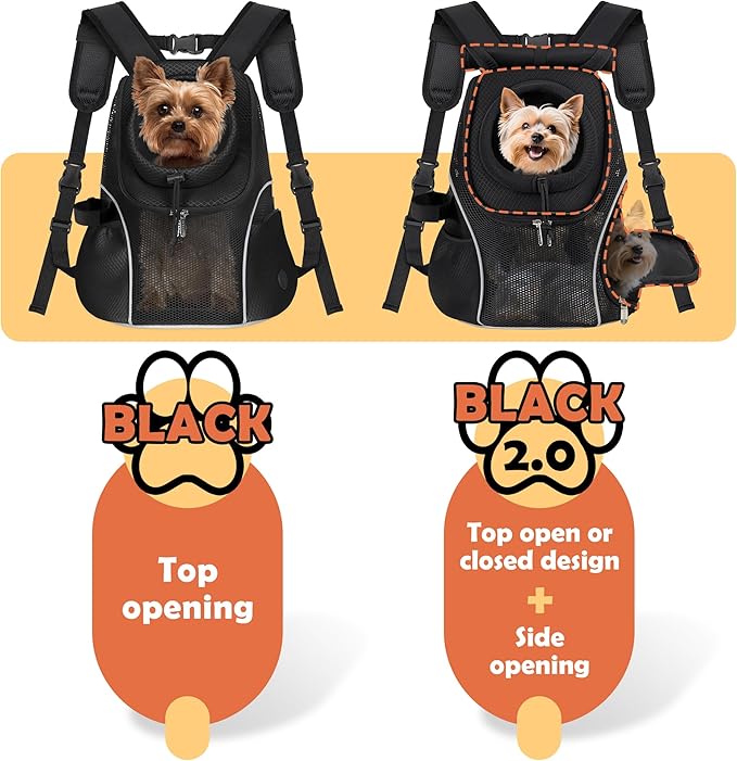 WOYYHO Pet Dog Carrier Backpack with Top and Side Windows, Small Dog Front Backpack Ventilated Mesh Dog Back Pack with Safety Belt for Travel Hiking Outdoor Adventures (Size S: 2-4.5 lbs, Black 2.0)
