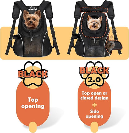 WOYYHO Pet Dog Carrier Backpack with Top and Side Windows, Small Dog Front Backpack Ventilated Mesh Dog Back Pack with Safety Belt for Travel Hiking Outdoor Adventures (Size S: 2-4.5 lbs, Black 2.0)