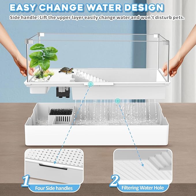 GOZILLA Large Turtle Tank Kit+Water Pump, Acrylic Turtle Tank Starter Kit with Adjustable 5W Water Pump and Two Shower Heads, Multi-Functional Area for Small/Medium Turtles(Large-White Tank).