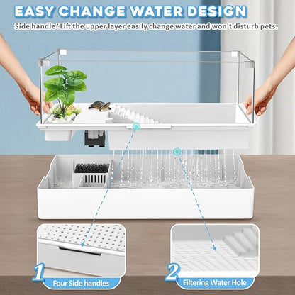 GOZILLA Large Turtle Tank Kit+Water Pump, Acrylic Turtle Tank Starter Kit with Adjustable 5W Water Pump and Two Shower Heads, Multi-Functional Area for Small/Medium Turtles(Large-White Tank).