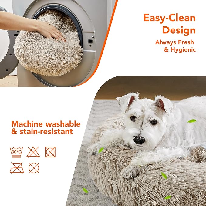 Deconovo Calming Donut Dog Bed, Washable Plush Round Pet Bed for Small Dogs & Cats with Raised Rim, Non-Slip Base and Soft Faux Fur—Lightweight, Easy-Care Design Camel 37" L x 37" W x 8" Th