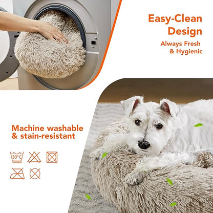 Deconovo Calming Donut Dog Bed, Washable Plush Round Pet Bed for Small Dogs & Cats with Raised Rim, Non-Slip Base and Soft Faux Fur—Lightweight, Easy-Care Design Camel 37" L x 37" W x 8" Th