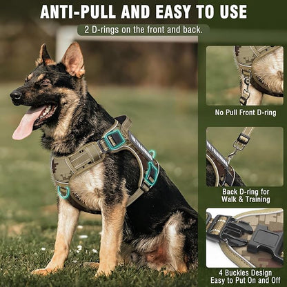 Tactical Dog Harness and Leash Set for Large Dogs,Heavy Duty No Pull Service Dog Vest and 10 Patches with Dog Seat Belt,Reflective Adjustable Pet Harness for Training Walking Hiking Camo L