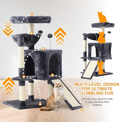 37-inch Cat Tree Tower with Multi-Level Cat Condo, Scratching Posts,2-Door Cat Cave,Grey