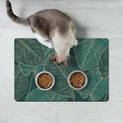 Rnivvi Dog Food Mat, 12" x 19" Flower Absorbent Dog Cat Bowl Mat for Food and Water, 3MM Anti-Slip Rubber Pet Feeding Rug Protect Floors, Puppy Placemat for Feeding & Watering Supplies, Tropical