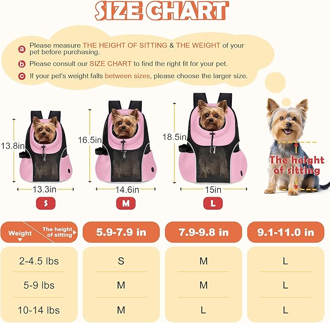 WOYYHO Pet Dog Carrier Backpack Small Dog Front Backpack Ventilated Mesh Dog Travel Back Pack with Safety Belt for Travel Hiking Cycling Outdoor Adventures (Size M: 5-9 lbs, Pink)