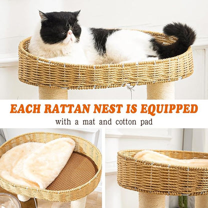 Big Cat Tree for Large Cats - Multi-Cat Tower with Natural Sisal & Handwoven Basket, Extra Sturdy Base, Breathable Perch - Rustic Wood Style Cat Furniture for Indoor Cats