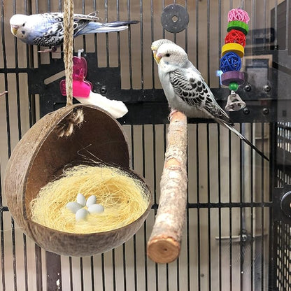 Natural Coconut Bird Nest,Hanging Coco Birds House Habitats Decor,Parrots Coconut Shell Nest Hideout with Grinding Beak Toys,Bird Cage Accessories Coconut for Canary Lovebird Cockatiel
